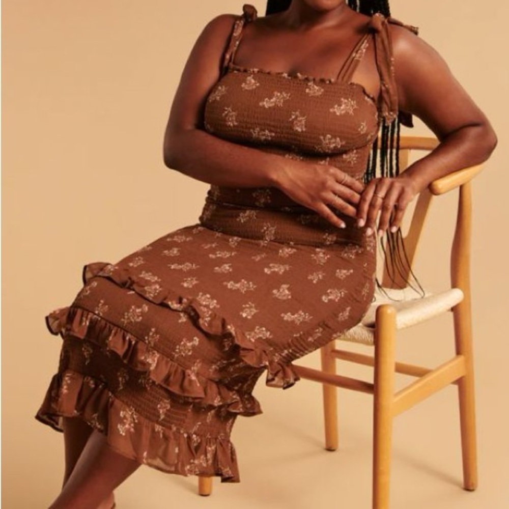 A&F Tie-Strap Smocked Tiered Ruffle Midi Dress brown floral pattern